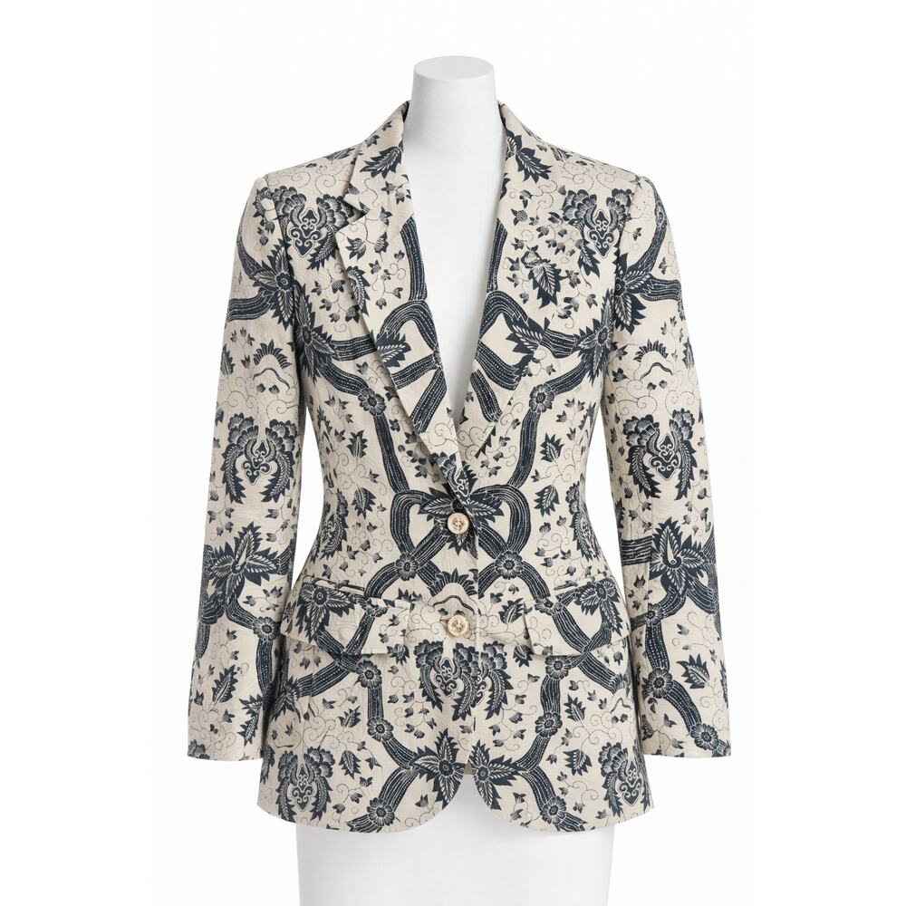 VTG Graphic Silk Blazer Cream Black Womens Small/4 Artsy Statement Power Looks